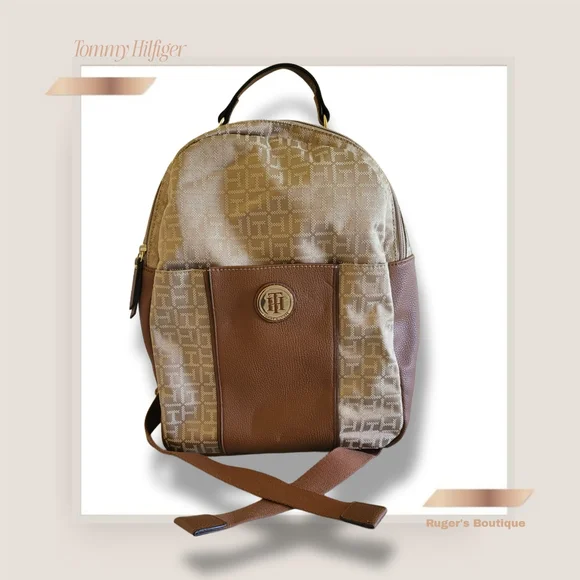 🌿Tommy Hilfiger Women's Logo Jaquared Dome Tan & Brown Backpack - Picture 3 of 12